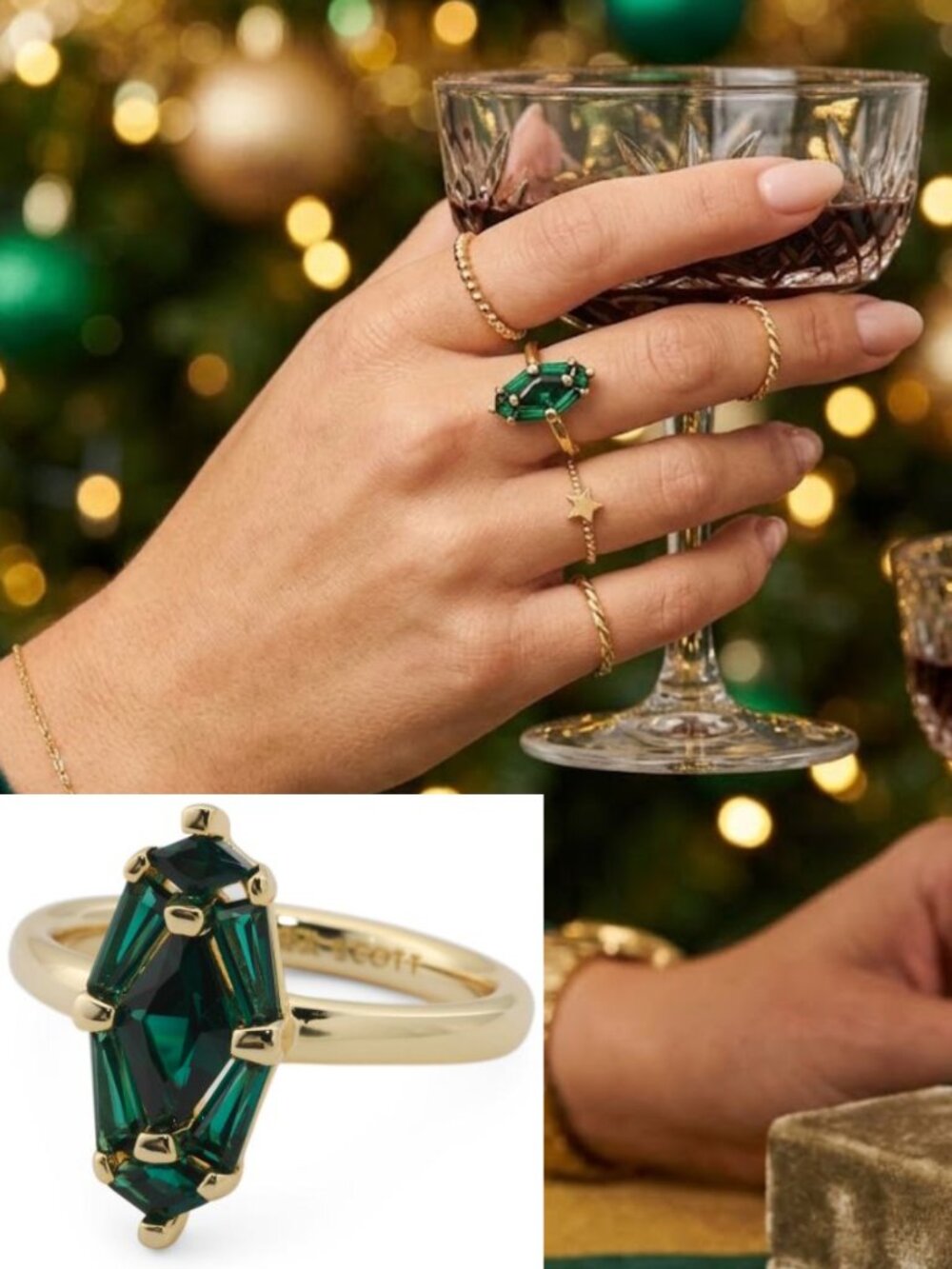 Kendra Scott Lindy Rae Elyse Cocktail Ring Green Crystal 14K Gold Plated Brass